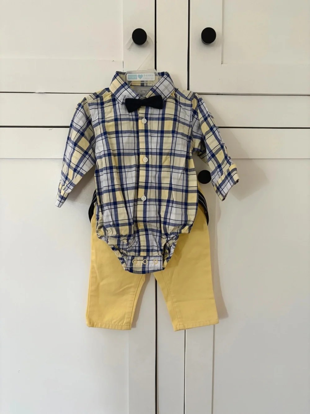 The Children’s Place Plaid Button-Up Bodysuit Yellow Pants Bow Tie Suspenders - Picture 1 of 5